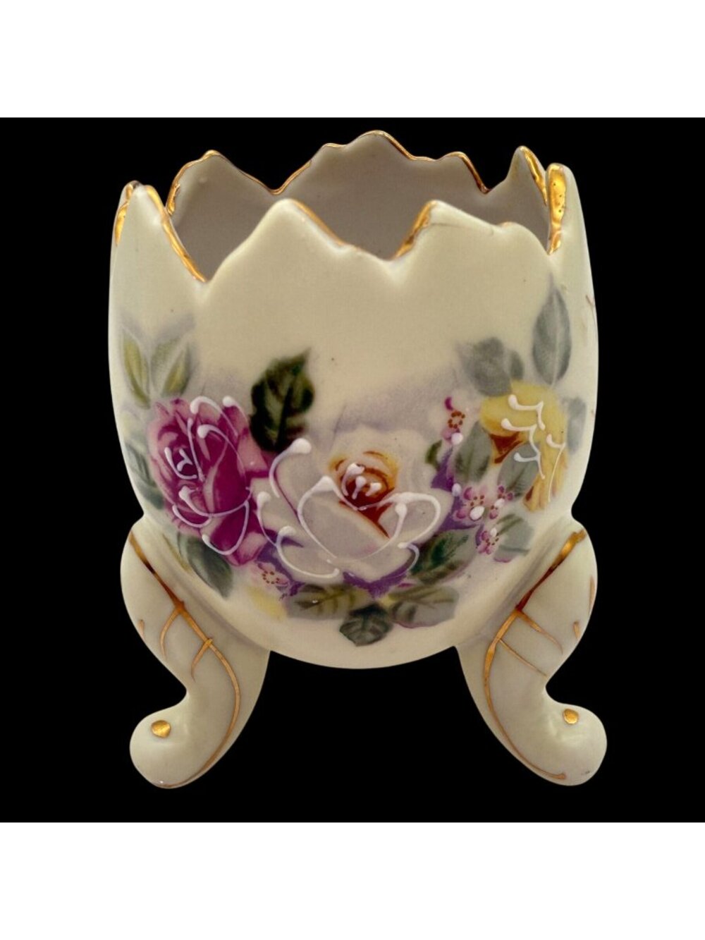 Vtg 1960s Inarco Handpainted Porcelain Broken Egg Vase Roses MCM 4"